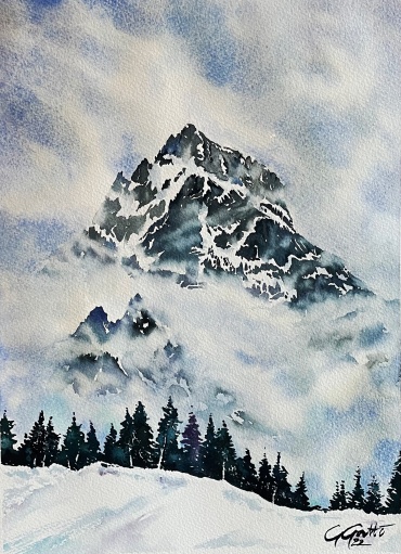 Mountain in the clouds - watercolour on paper - 41x31 cm - SOLD