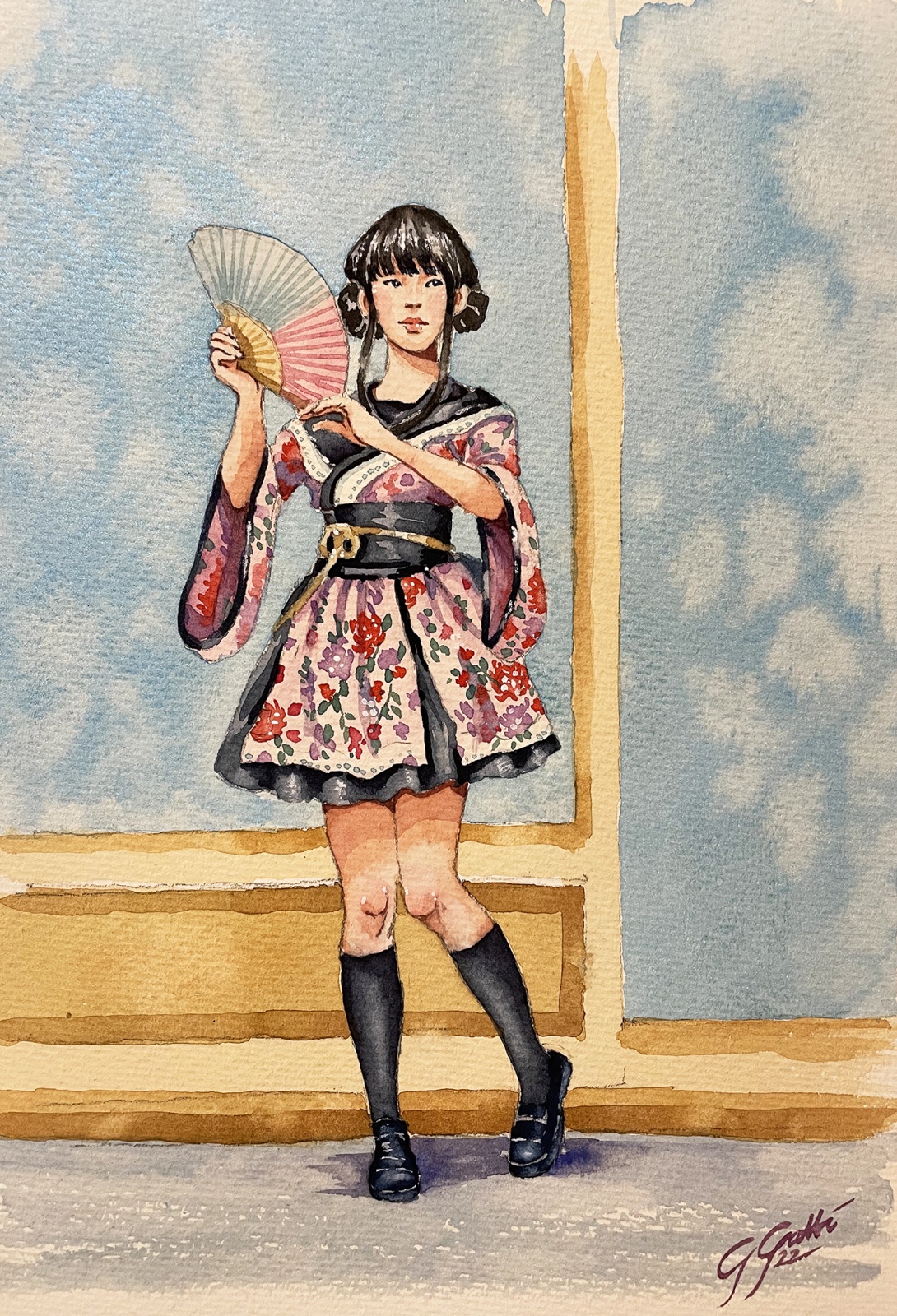 Japanese girl with a fan - watercolour on paper
41x31 cm